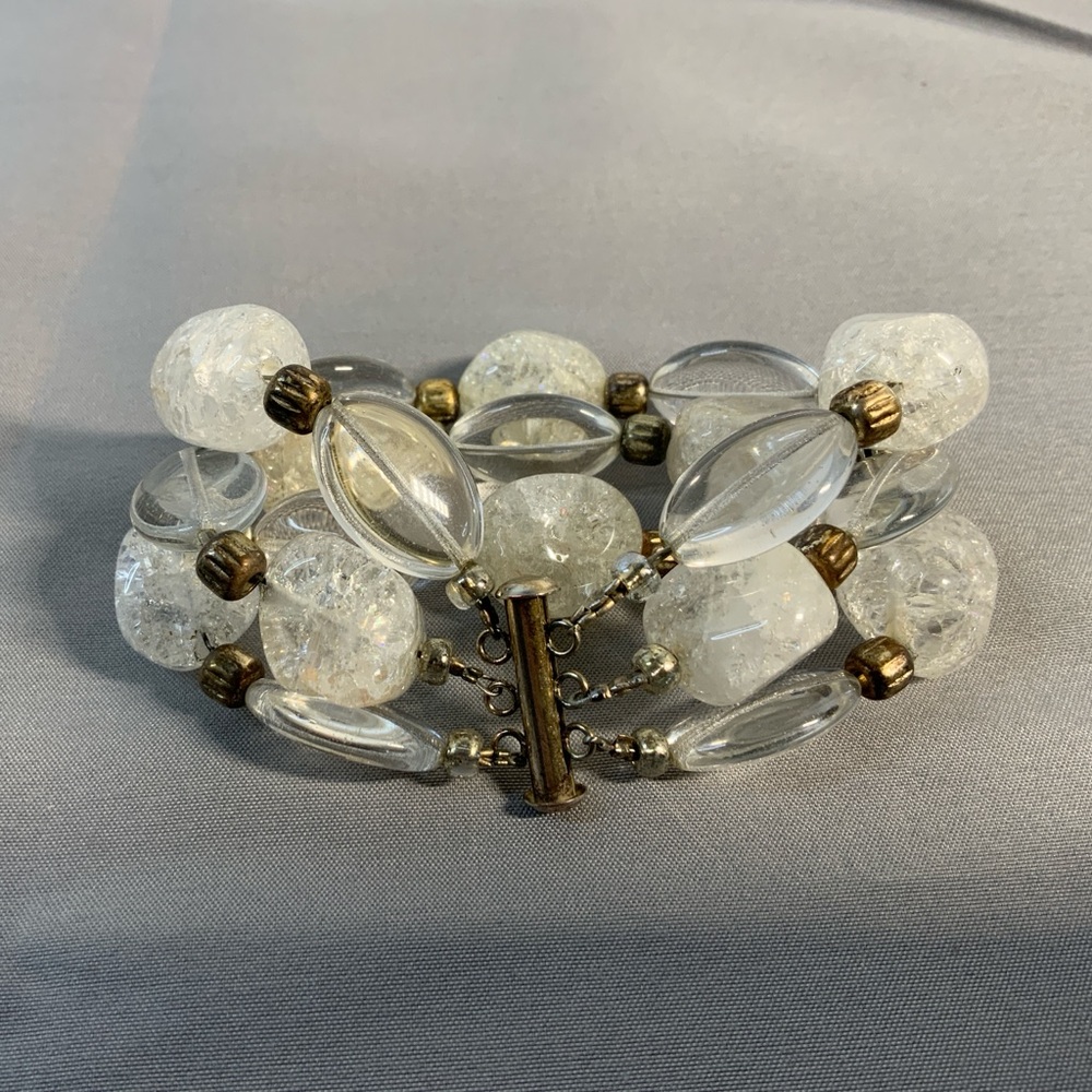 Clear Crystal Glass Bead Bracelet Wide Triple Row Chunky Beads 7”
